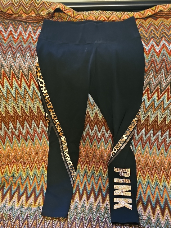 PINK Victoria's Secret Pants - PINK Victoria's Secret Black Leggings with Leopard Trim and Gold Sequin Logo
